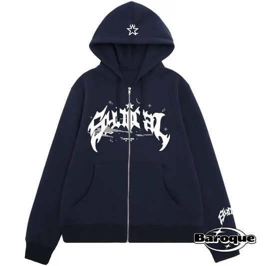 NAVY SCRIPTED ZIP UP HOODIE