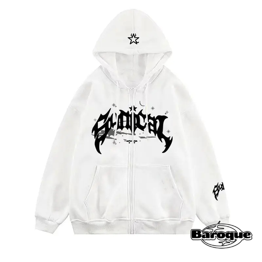 WHITE SCRIPTED ZIP UP HOODIE