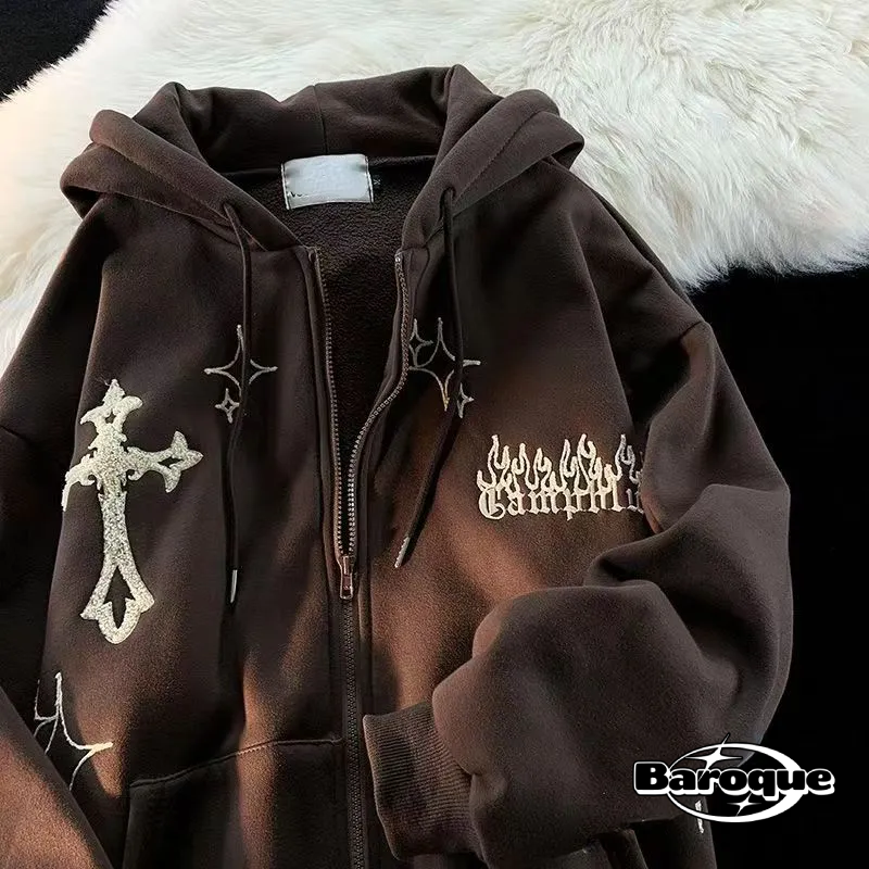 Darkly Enchanting: Brown Gothic Embroidery Hoodie